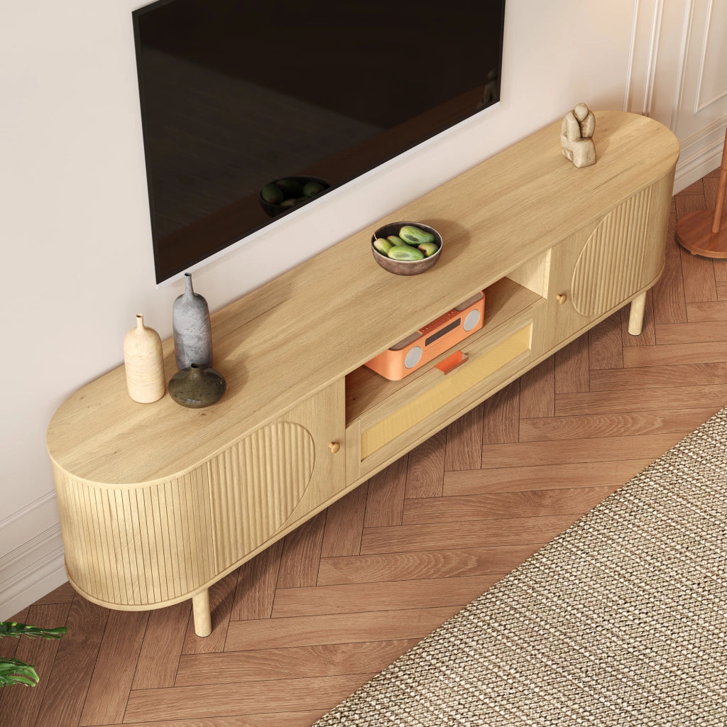 Mobile TV 175x36x51 cm con cassetto in rattan; 2 ante; passacavi; MDF e gambe in metallo; naturale