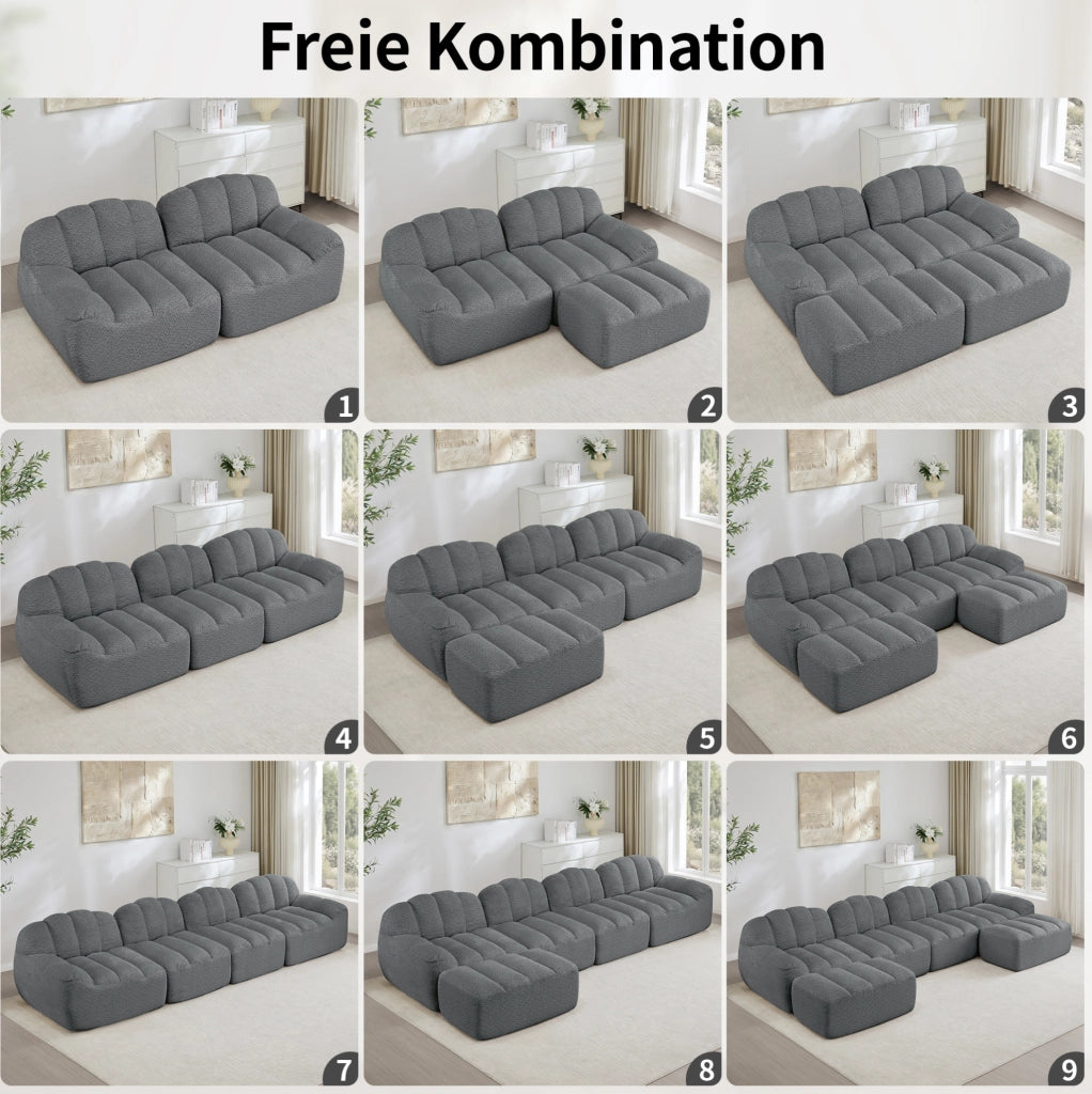 Divano modulare angolare a 3 posti con pouf, schiuma ad alta densità 32D, rivestimento in fleece granulato grigio