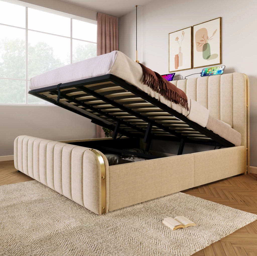 Letto matrimoniale imbottito 180x200 cm in lino beige con USB Type-C; contenitore e materasso incluso