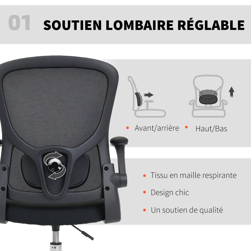 Sedia da ufficio ergonomica, sedia da disegno con supporto lombare 4D e braccioli ribaltabili, 60 x 60 x 108-132 cm, nero