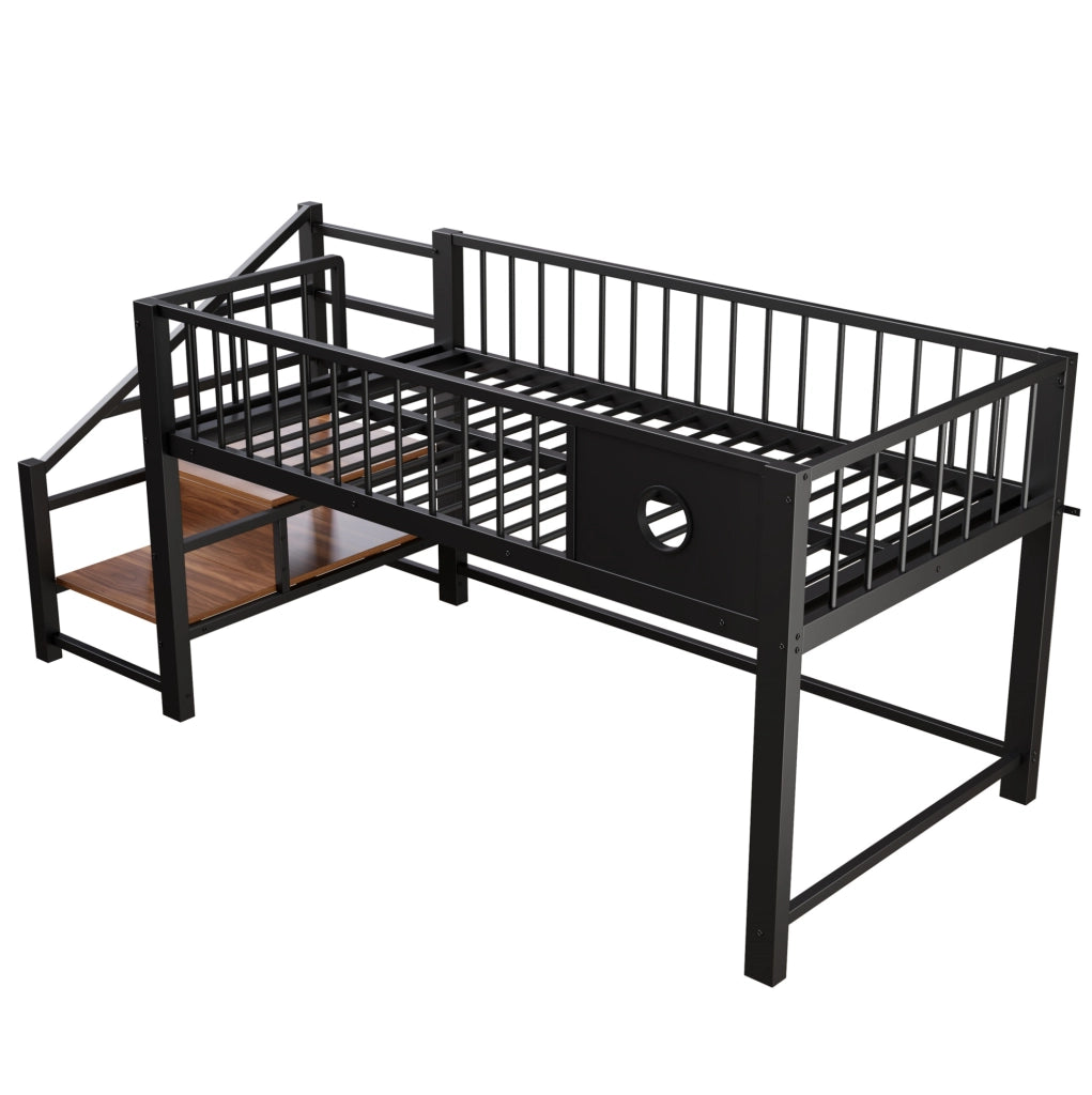 Letto a soppalco basso per bambini 90x200 cm con struttura metallica nera e scala contenitore