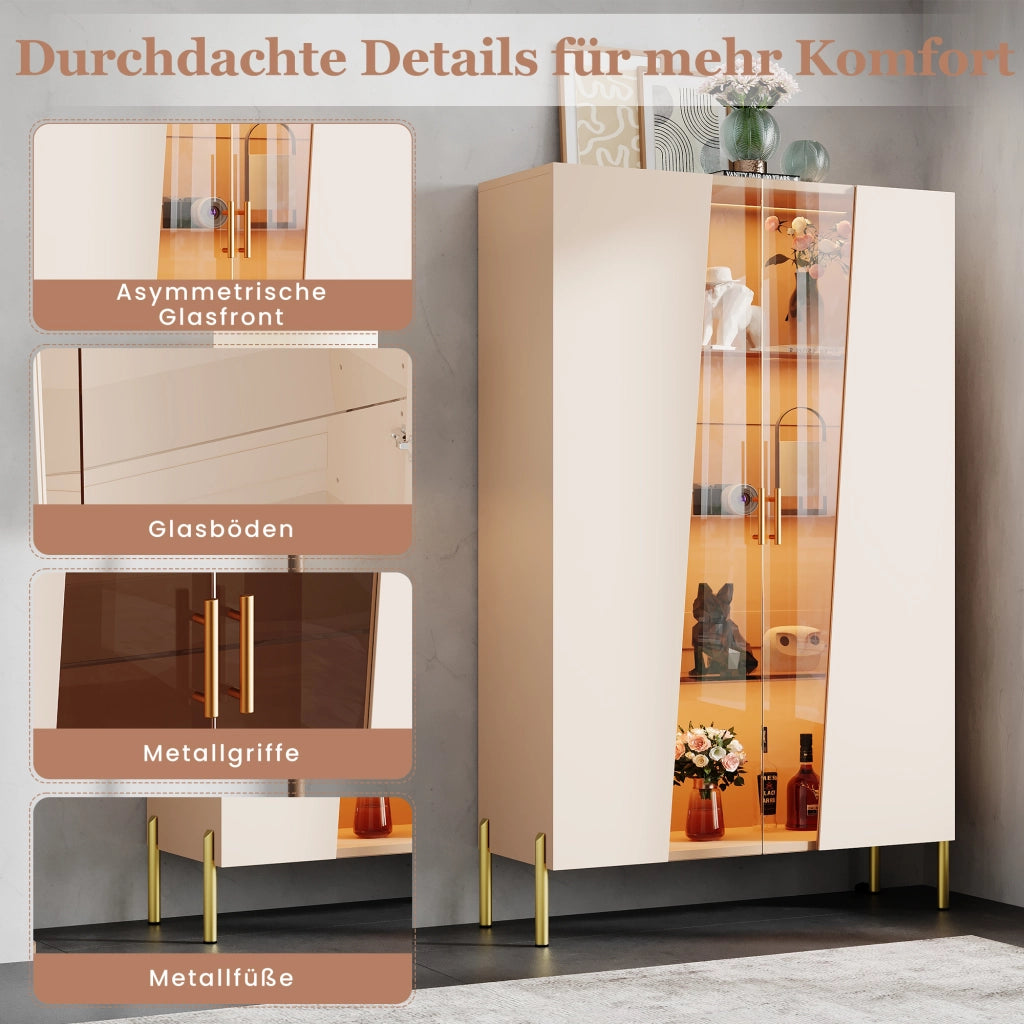 Vetrina con anta in vetro asimmetrica; ripiani regolabili e illuminazione LED multicolore; MDF e vetro; 72 × 40 × 145 cm