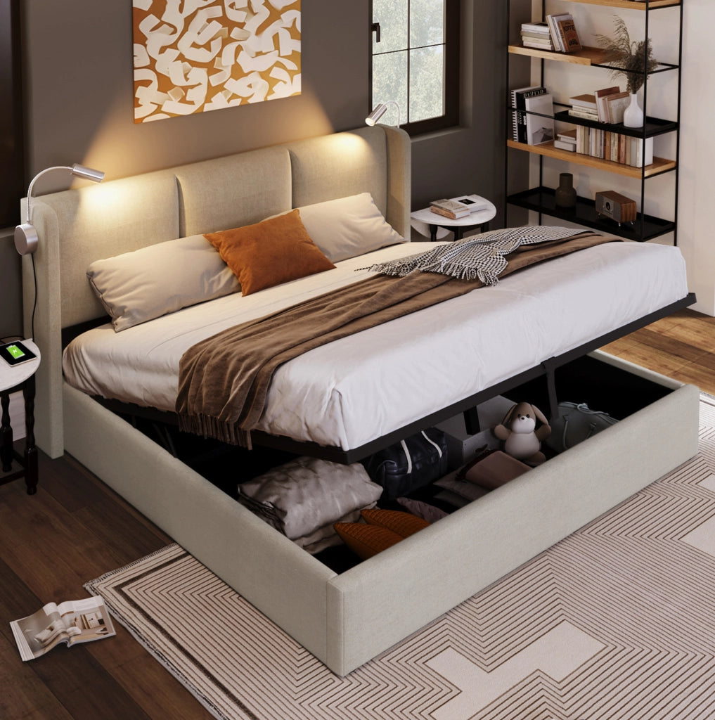Letto matrimoniale imbottito contenitore 140 × 200 cm con luce USB; lino beige