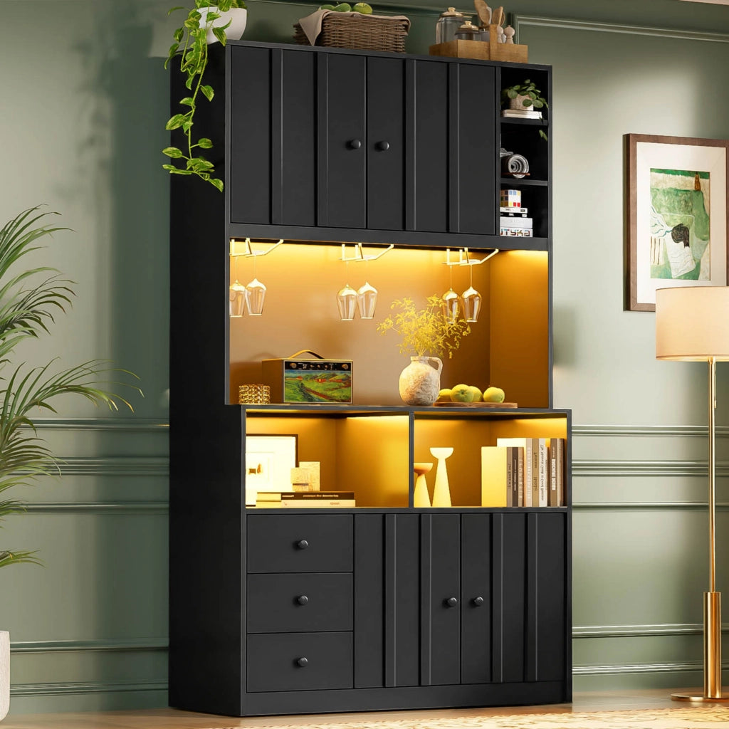 ARMADIO CUCINA 180 cm con LED, prese USB/AC, MDF nero