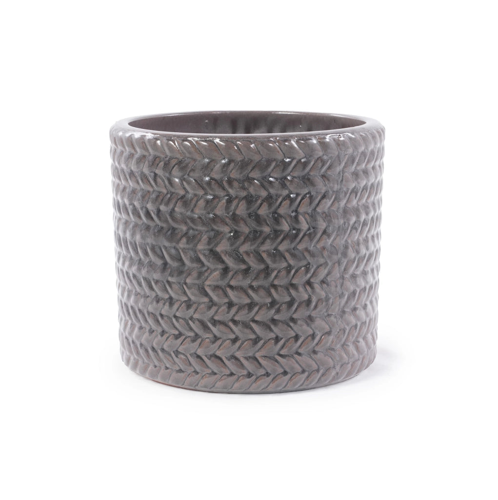 Set di 4 Vasi in Ceramica Fatti a Mano (Ø37/31/24,5/17,5 cm) Grigio Lucido con Rilievo a Spina di Pesce, Fori di Drenaggio, Resistente al Gelo per Interni e Esterni