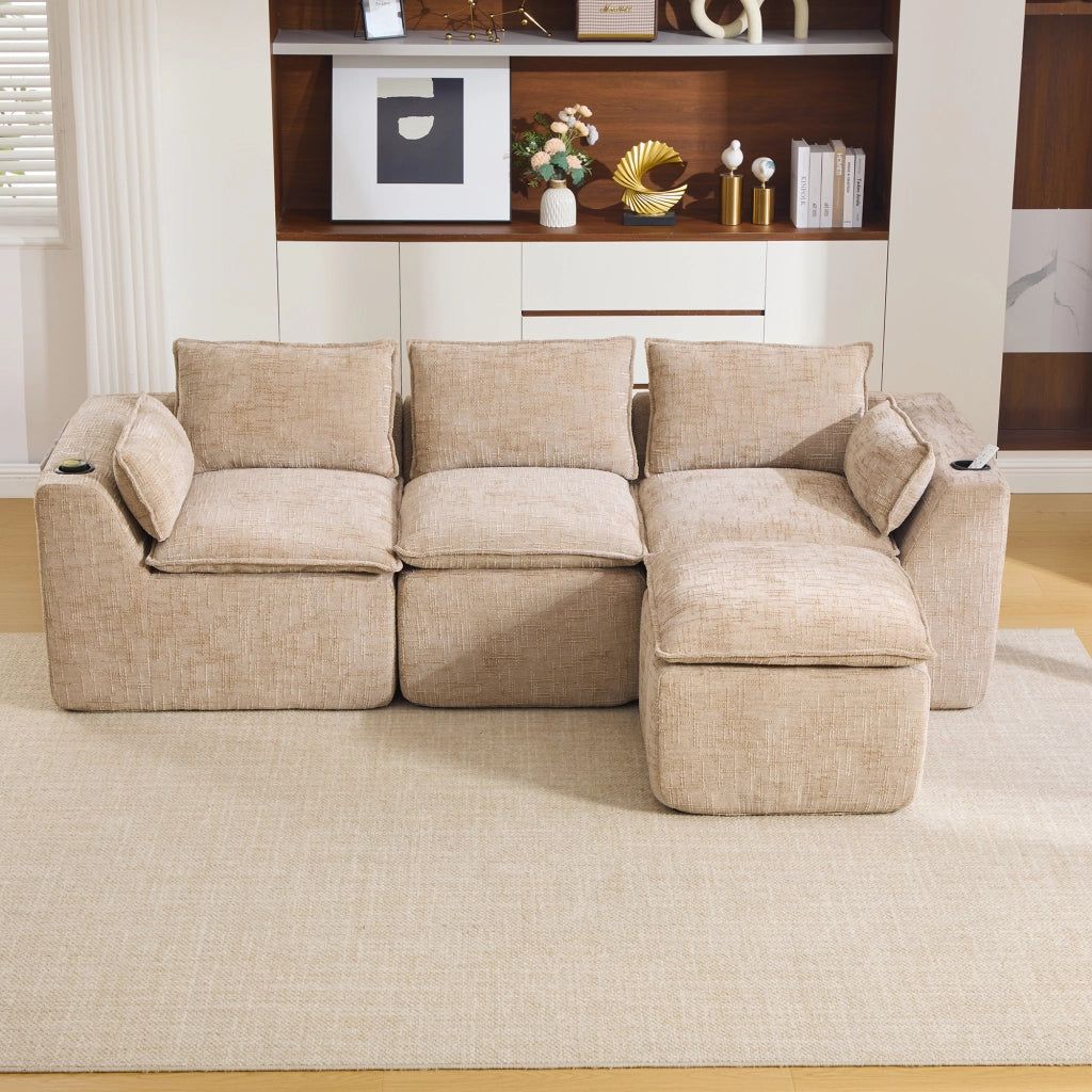 Divano 3 Posti con Poggiapiedi e Cuscini ¨C MINIMAL ¨C Chenille Kaki