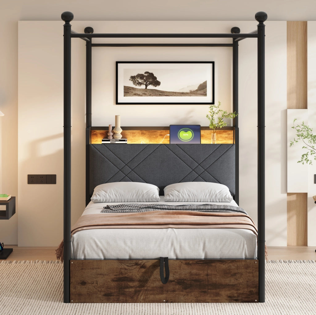 Letto a baldacchino 90x190 cm con contenitore idraulico, LED e USB-C in ferro nero