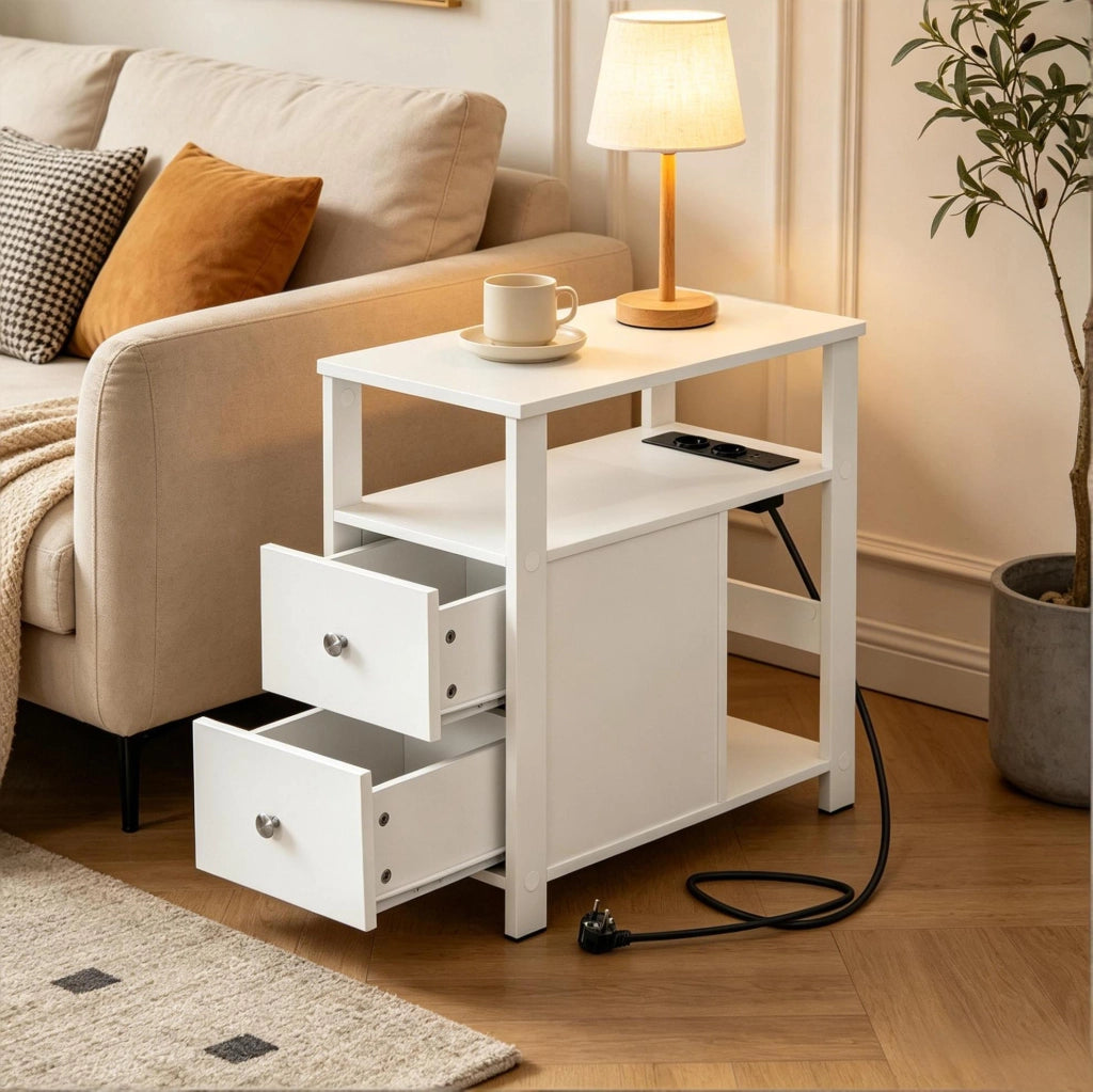 Tavolino da divano con presa 60x60x30 cm; 2 cassetti e 2 USB bianco HOMVRA