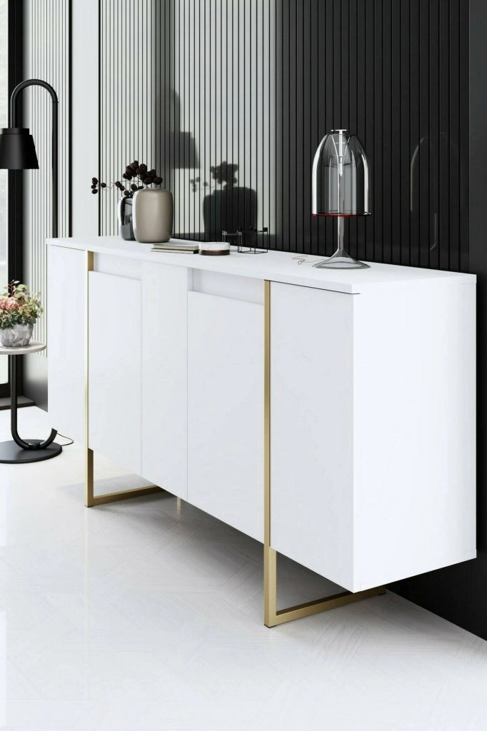 Credenza Arta, Buffet da soggiorno, Madia da salotto, Dispensa da cucina, 160x35h80 cm, Bianco e Oro
