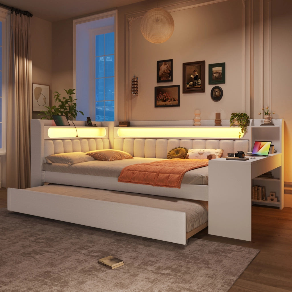 Letto da giorno imbottito 140x200 cm bianco in MDF, compensato, lino, scrivania e LED