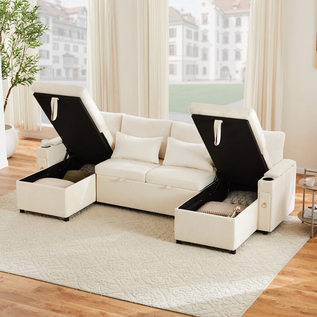 Divano ad angolo convertibile 4 sedili 272 x 131 x 84 cm; U - shape; dormire; tronco; portabicchieri; cuscini; ciniglia; beige
