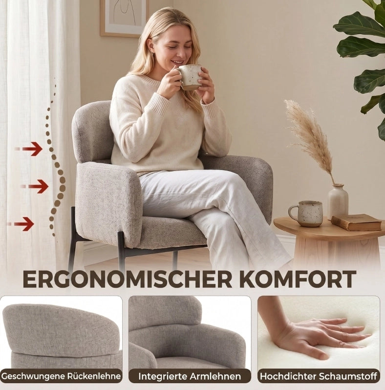 Poltrona lounge in chenille marrone chiaro con gambe in metallo