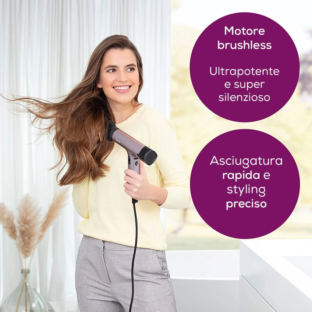 Beurer Asciugacapelli HC 100, Phon Potente da 1700 W per un'Asciugatura Rapida e Delicata e Acconciatura Precisa, 4 Livelli di Temperatura e Ventola, Bocchetta per Styling e Diffusore