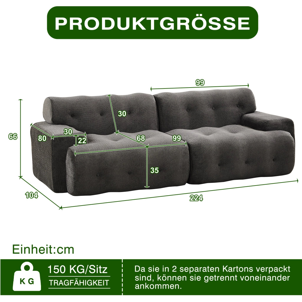 Divano 2 Posti Cloud con Braccioli Larghi e Bottoni ¨C MINIMAL ¨C Grigio