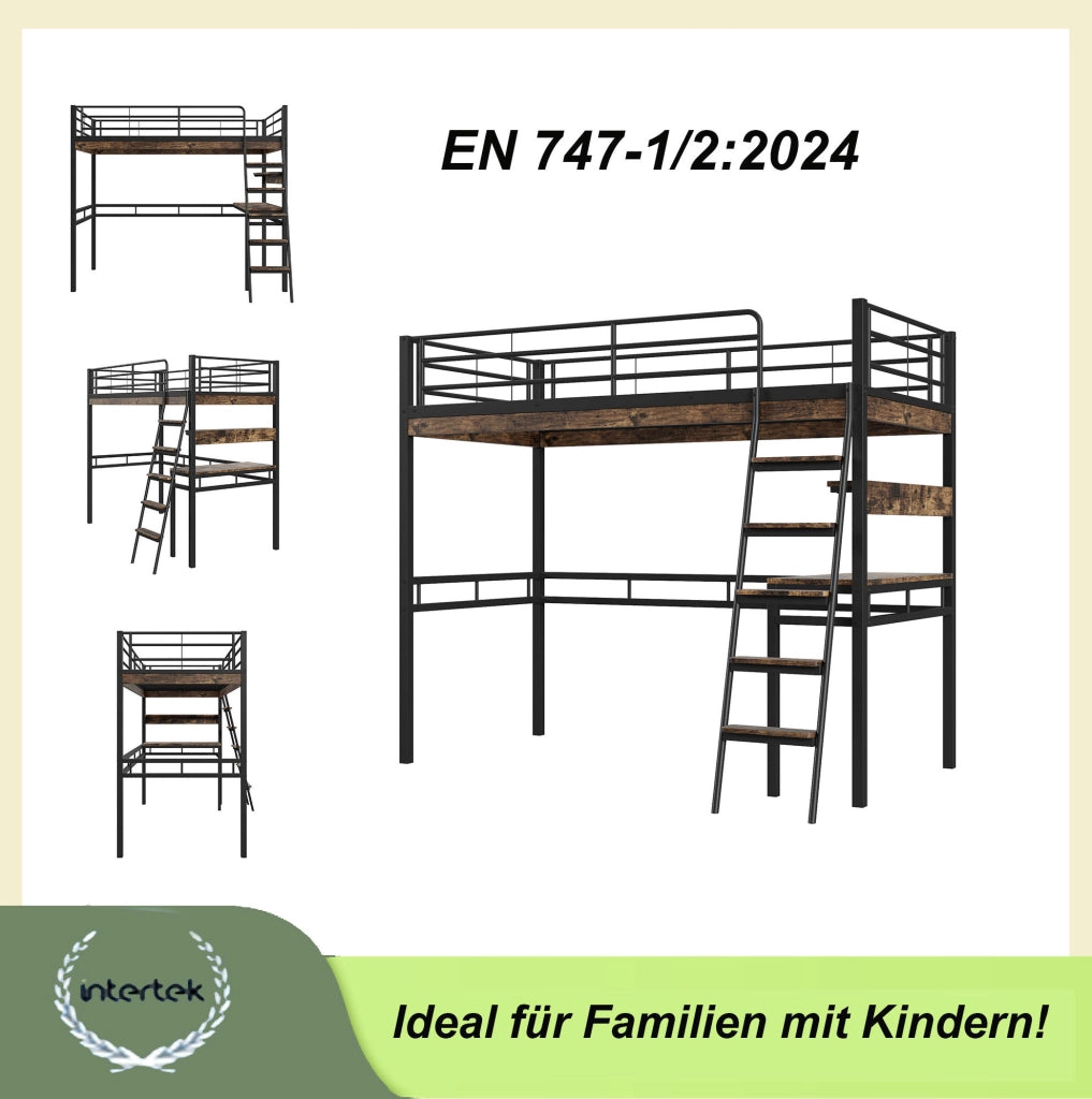 Letto a soppalco 90x200 cm con scrivania e ripiani in metallo e MDF; nero