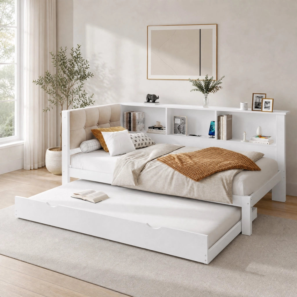 Letto singolo 90 × 200 cm con letto estraibile legno bianco ripiani laterali USB e luce LED dimmerabile