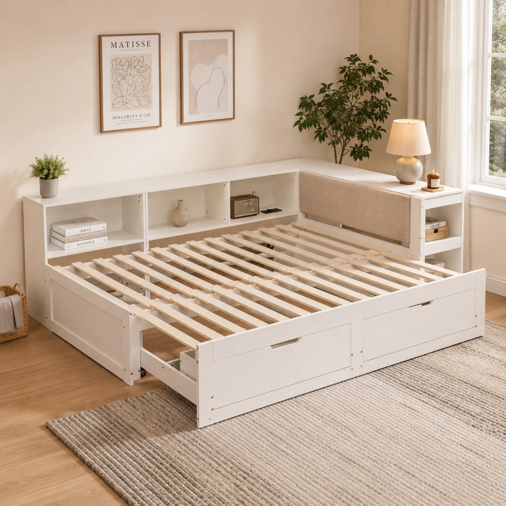 Letto extensible180 x 200 cm con scrivania integrata, cassetti e ripiani, divano letto in legno bianco con testiera imbottita