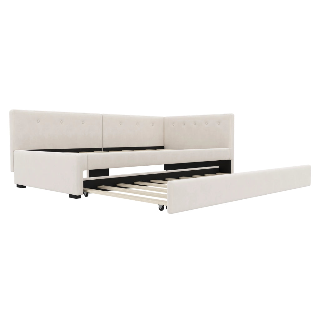 Divano letto singolo 90x200 cm con letto estraibile 90x190 cm; velluto beige; rete a doghe e testiera