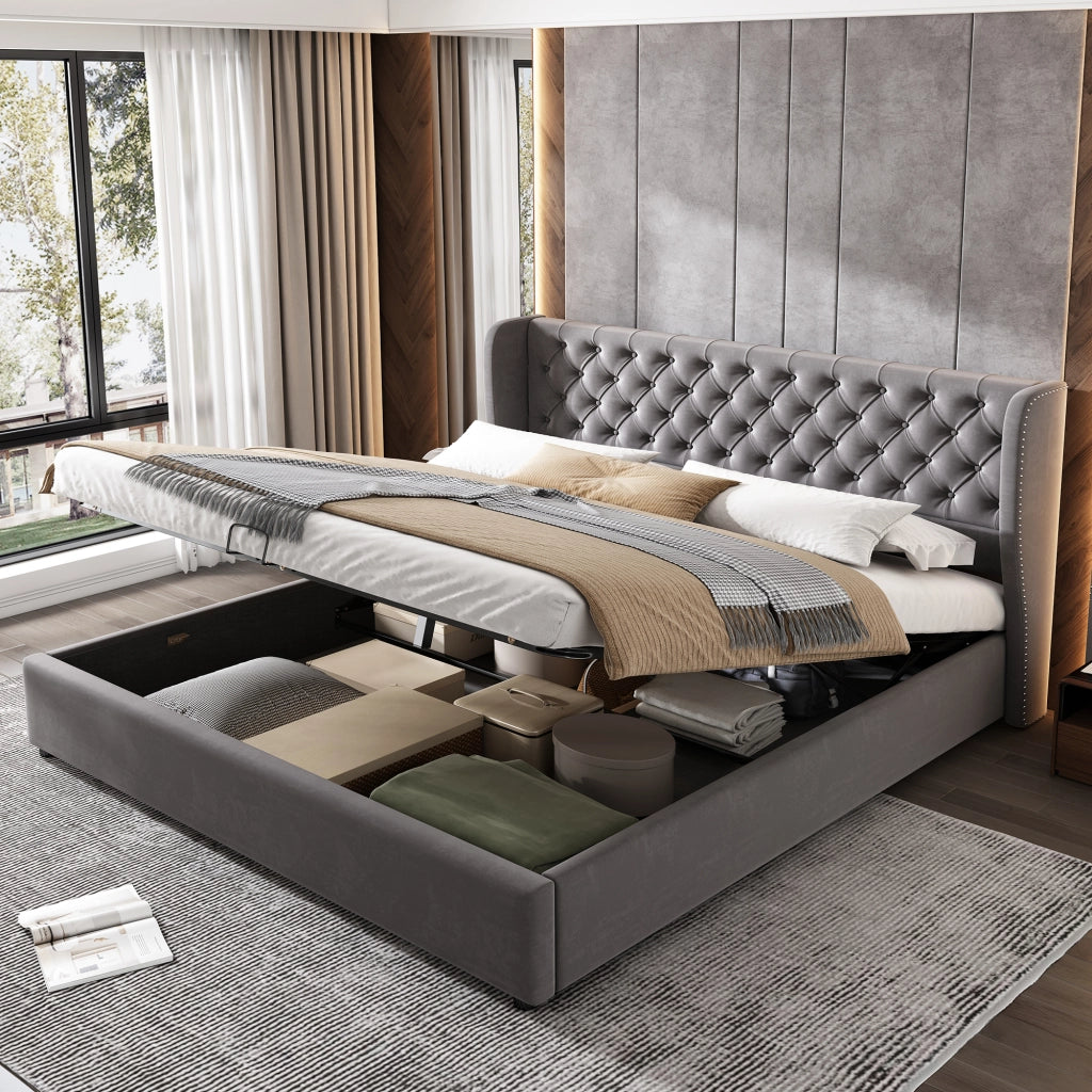 Letto imbottito matrimoniale a orecchio 160x200 cm in velluto con bottoni, sollevamento idraulico, rete a doghe e contenitore - Grigio