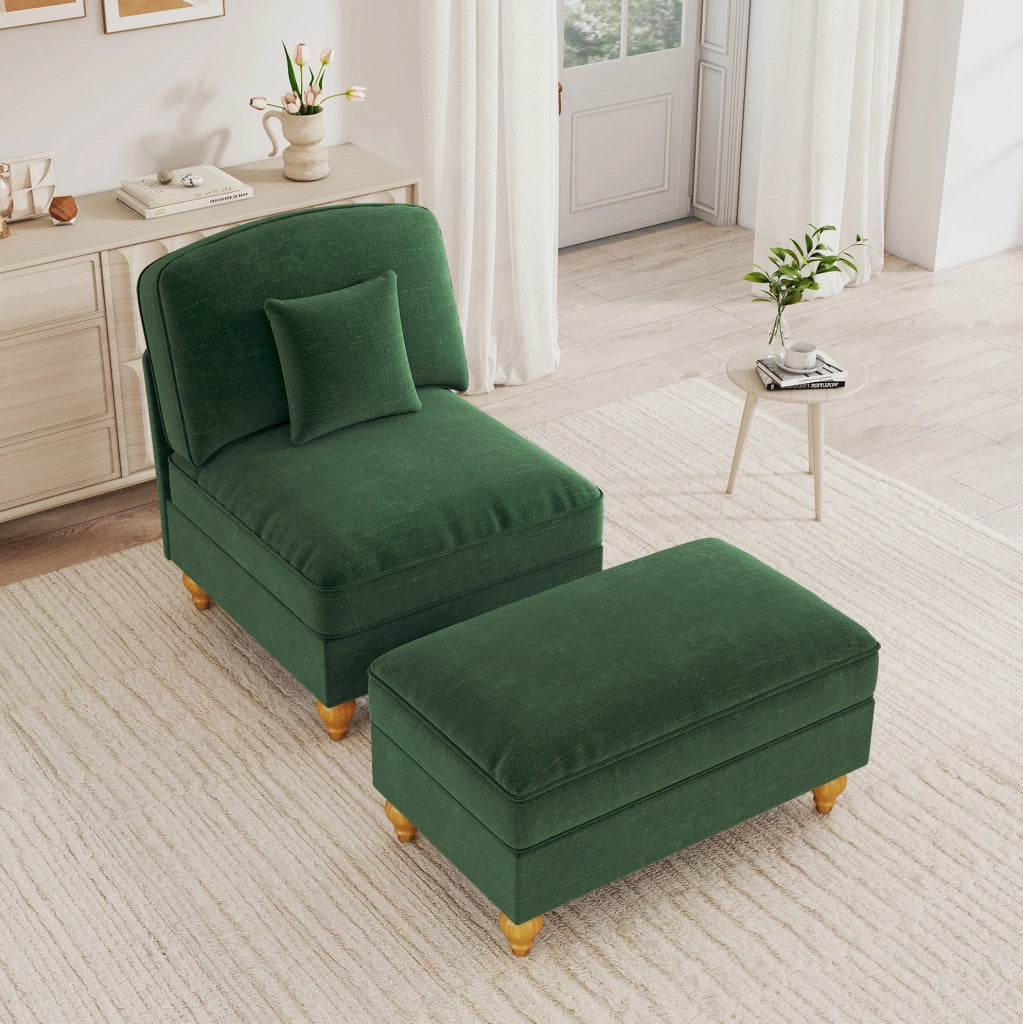 Poltrona Lounge classica in chenille verde con gonna removibile e pouf mobile
