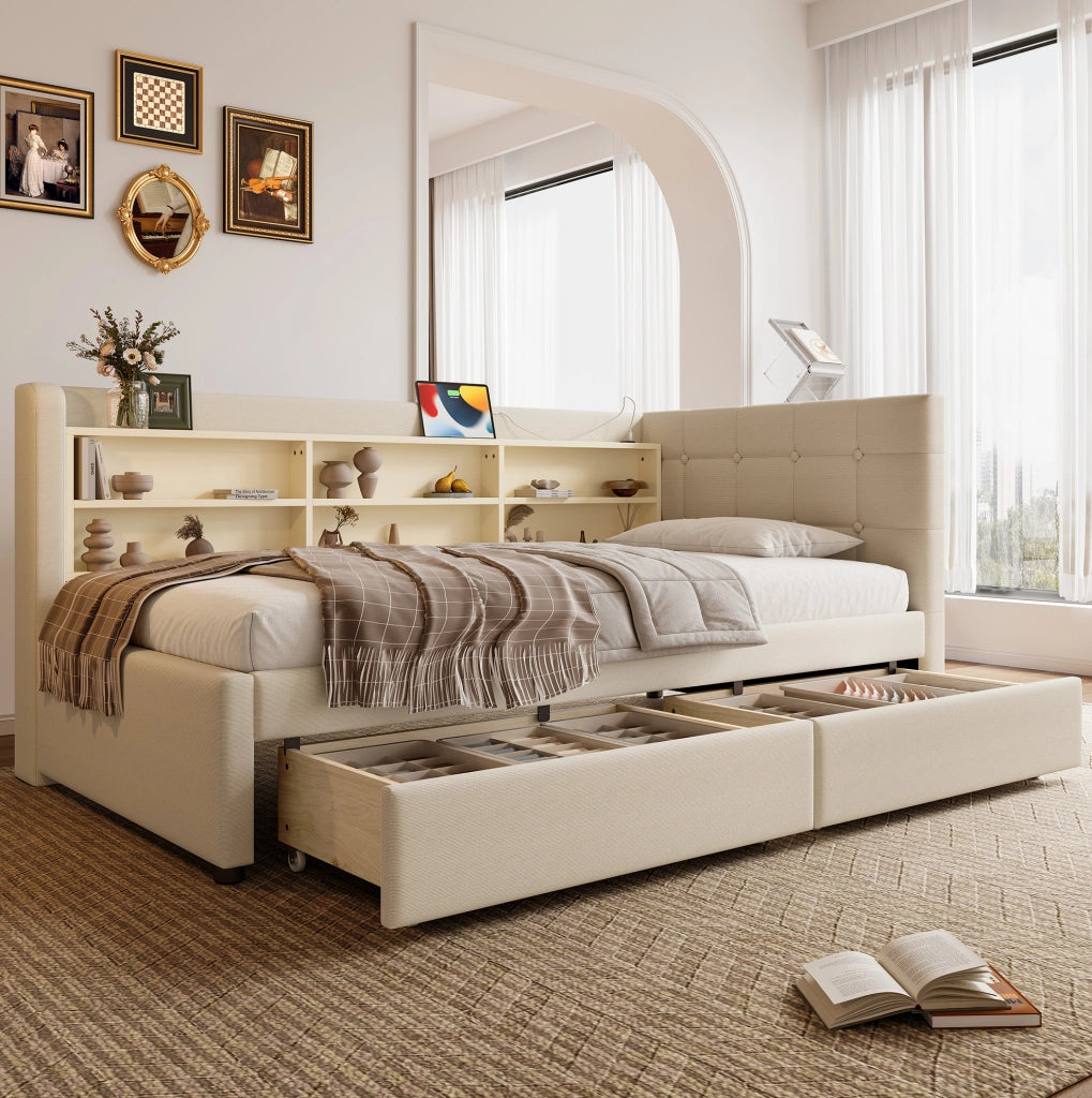 Letto 90x200 cm con 2 cassetti; USB e Tipo C in lino e MDF beige