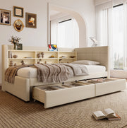 Letto 90x200 cm con 2 cassetti; USB e Tipo C in lino e MDF beige