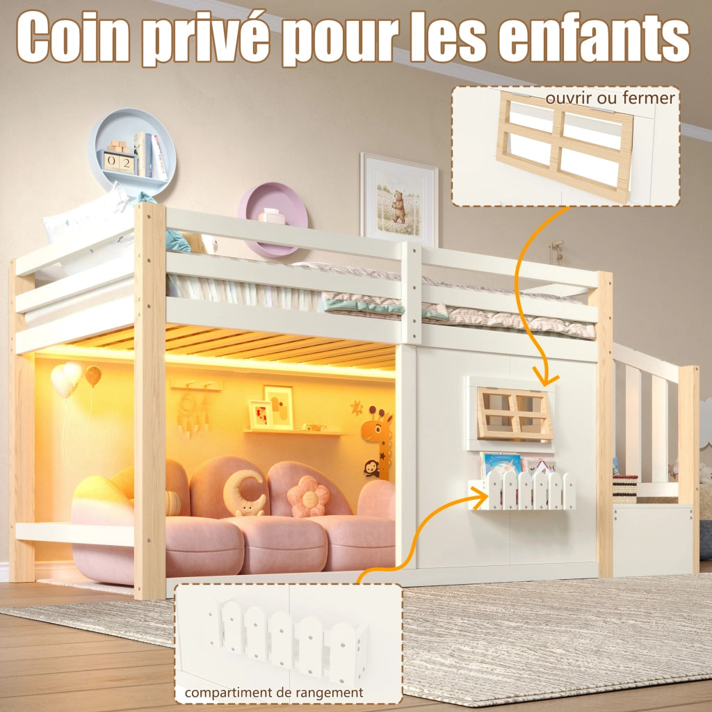 Letto a soppalco 90 × 200 cm con scala contenitore e illuminazione LED in legno di pino e MDF bianco naturale