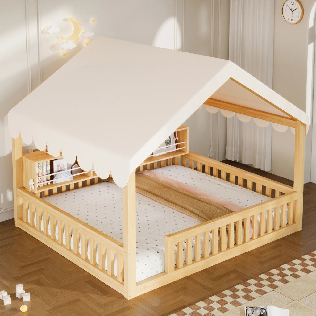 Desviae Letto a casetta per bambini 140 × 200 cm in legno con baldacchino luci LED libreria e sponde di sicurezza naturale