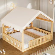 Desviae Letto a casetta per bambini 140 × 200 cm in legno con baldacchino luci LED libreria e sponde di sicurezza naturale