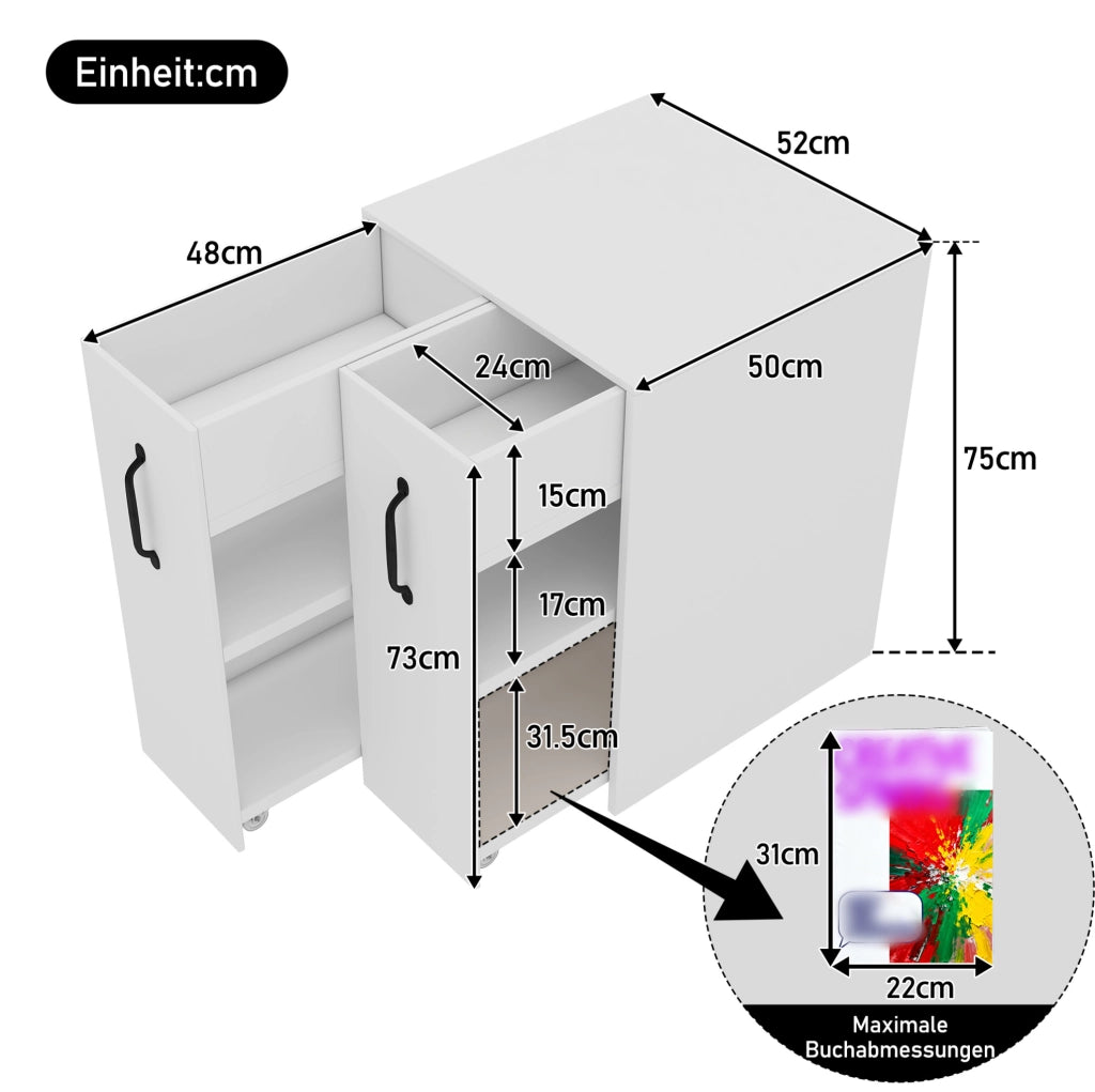Mobile contenitore su ruote bianco 52x50x75 cm