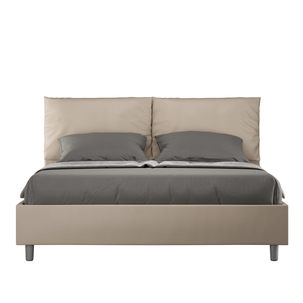Letto Matrimoniale 160x210 cm con Rete e Contenitore con Alzata Comoda Imbottito in Similpelle Antea Tortora