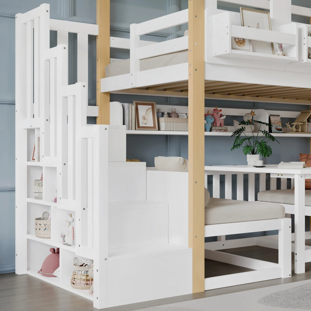 Letto a castello con scrivania regolabile in altezza, scala portaoggetti stabile, legno di pino e MDF, 90x200 cm bianco e naturale