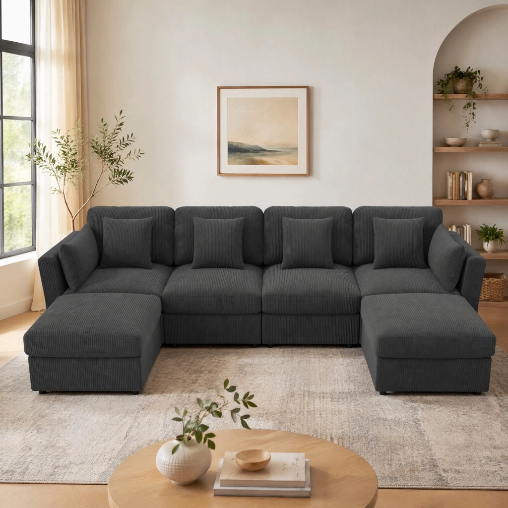 Divano modulare grigio in velluto a coste con 2 pouf
