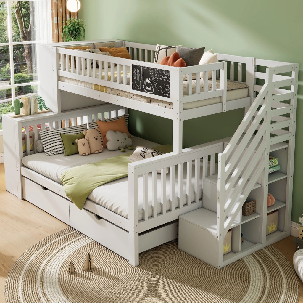Letto a castello per bambini in pino bianco con lavagna e contenitori