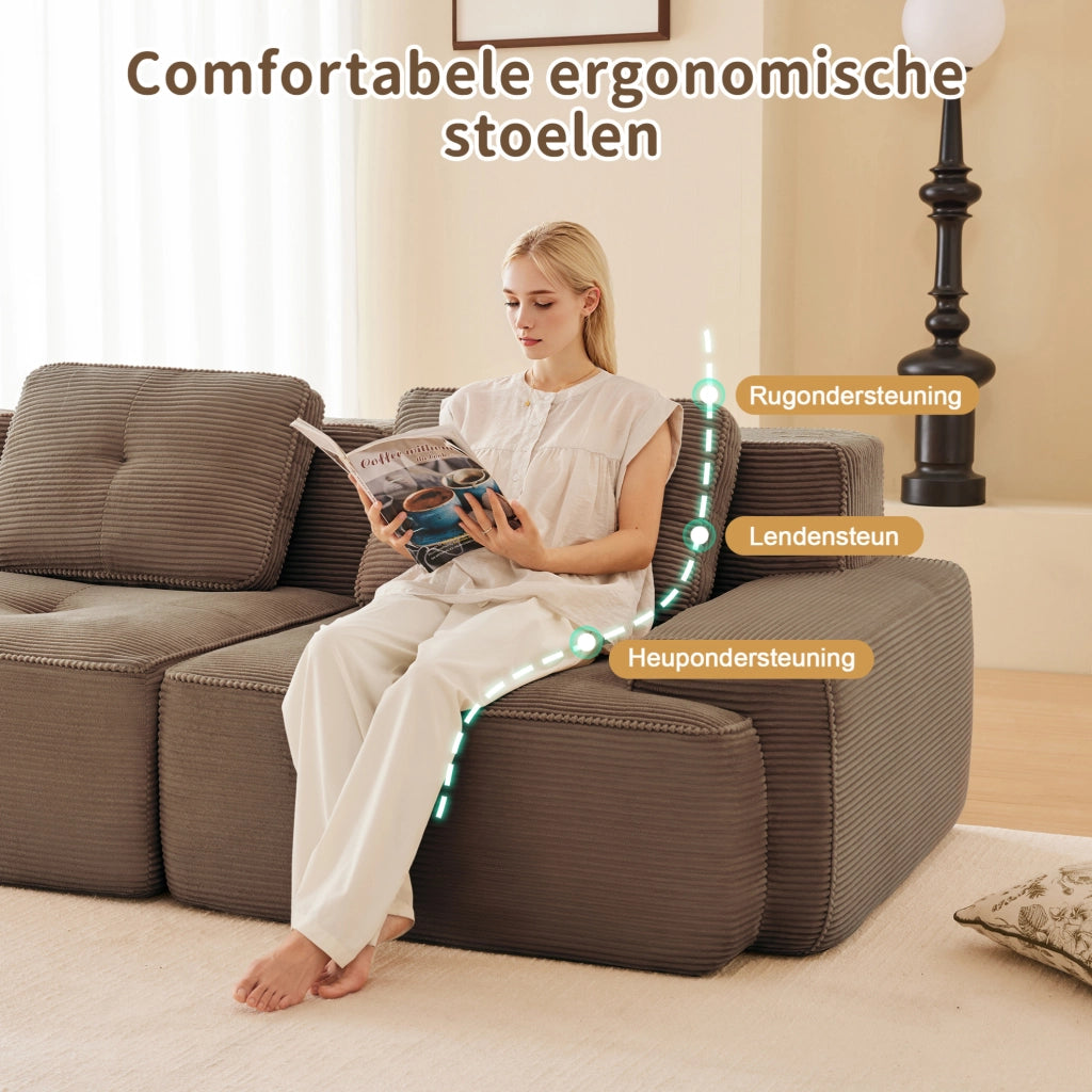 Divano modulare a U in velluto côtelé marrone, 3 posti senza struttura, con pouf, comfort cloud per soggiorno