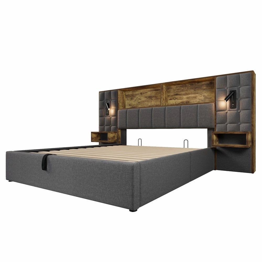 Letto imbottito contenitore ¨C Minimal ¨C grigio tessuto 180x200cm con LED rete a doghe senza materasso