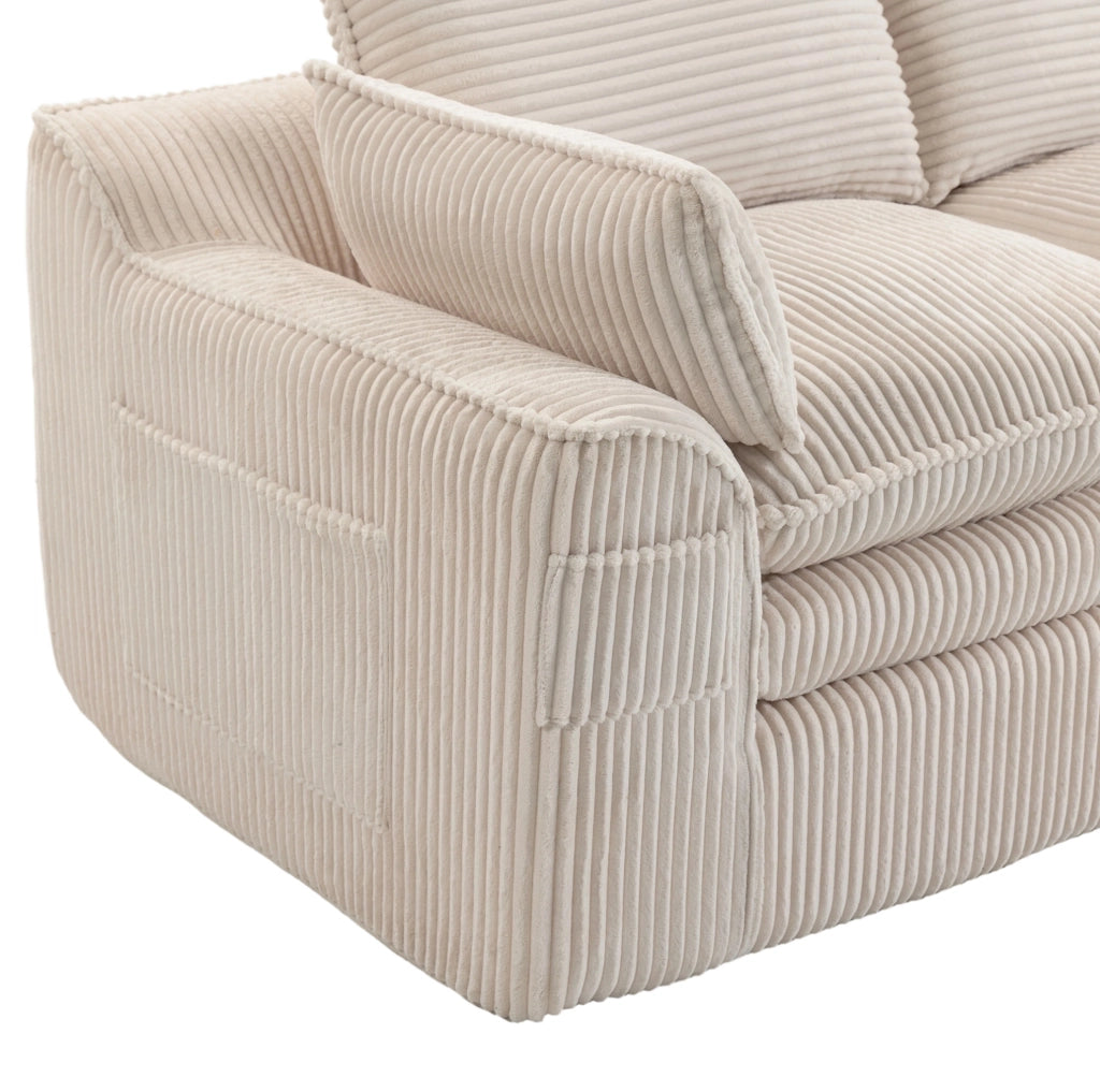 Divano modulare in velluto a coste beige con tasche laterali e cuscini