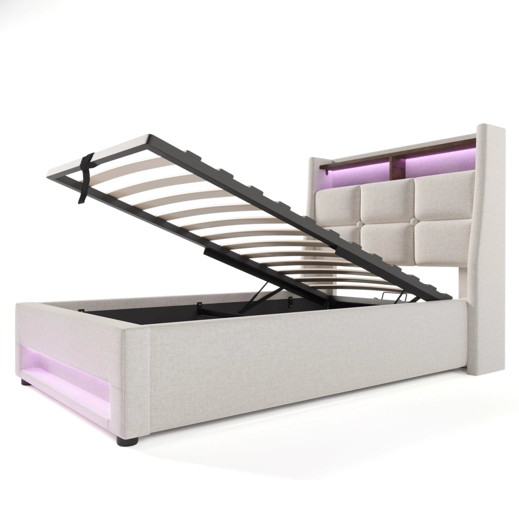 Letto imbottito singolo 90x200 cm con LED; USB e contenitore; beige chiaro