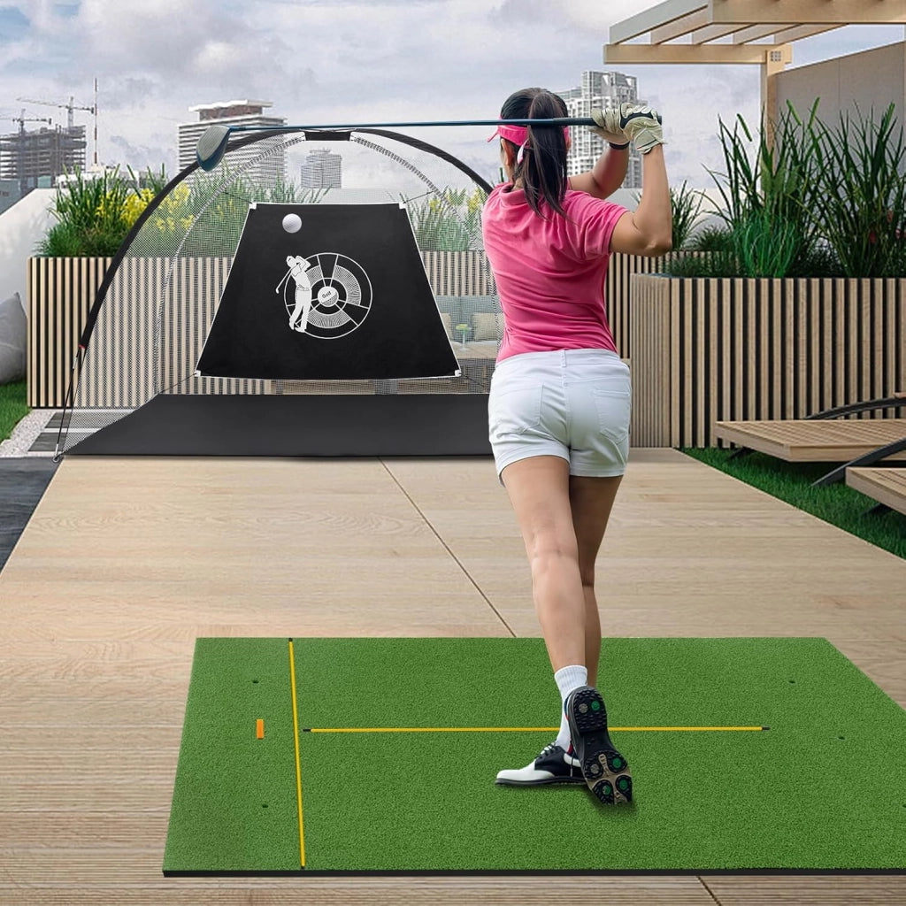 Tappeto da Allenamento Golf 3-in-1, Tappetino da Allenamento in Erba Sintetica con 2 Punte da Golf, 2 Aste di Allineamento e 3 Fori Preforati per le Punte