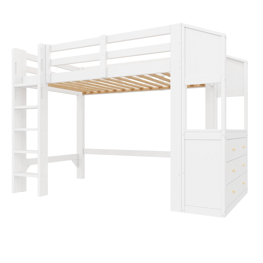 Letto a soppalco 90x200 cm con 3 cassetti; ripiani e LED; bianco