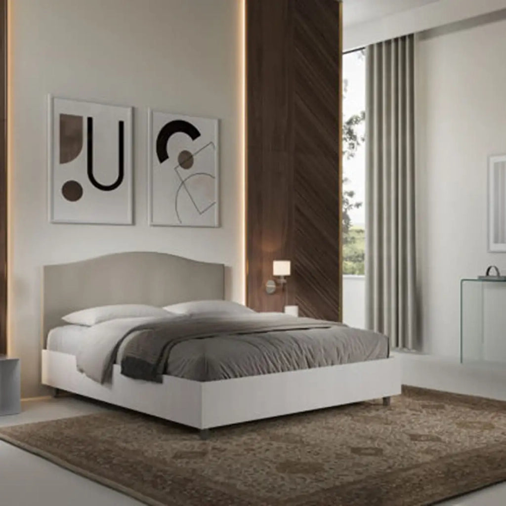 Letto matrimoniale contenitore 160x200 bianco frassino testata similpelle tortora Grace