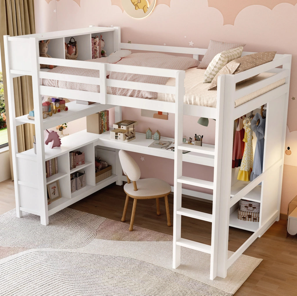 Letto a soppalco 140x200 cm bianco in pino con scrivania e contenitori