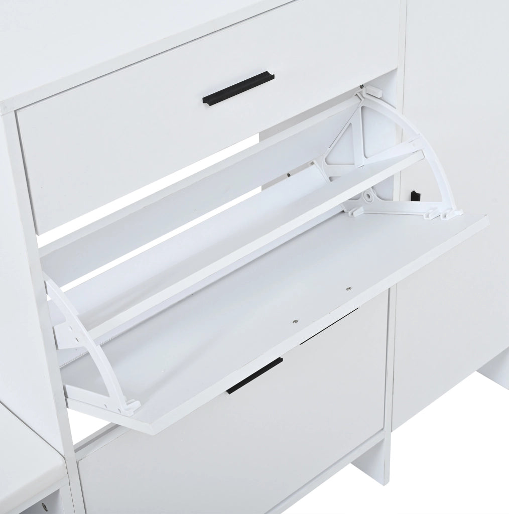 Appendiabiti multifunzione bianco con specchio, panca per cambio scarpe e armadietto 140x30x200 cm per ingresso