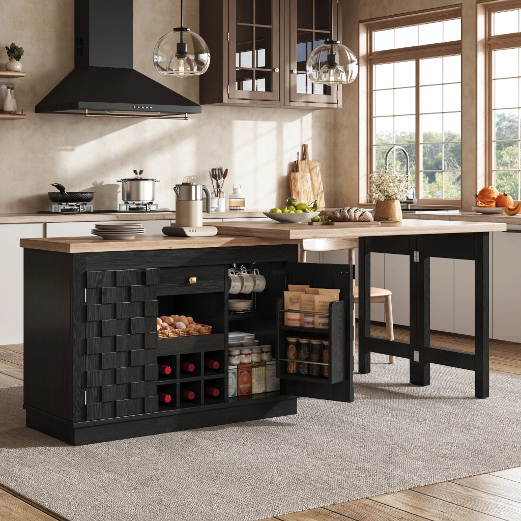 Mobile contenitore girevole 360° con tavolo estensibile, porta vini e cassetti in MDF nero 120 × 197 × 40 × 74,2 cm