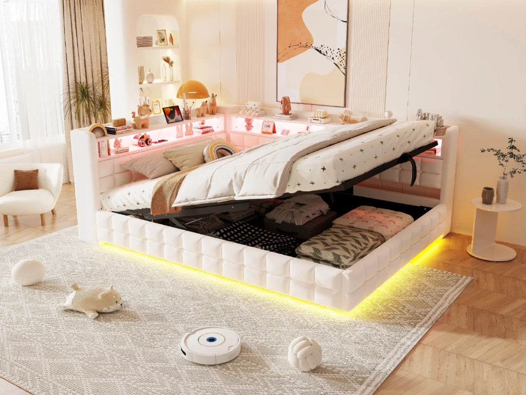 Letto imbottito multifunzione 140 × 200 cm in velluto beige con contenitore idraulico LED e prese di ricarica