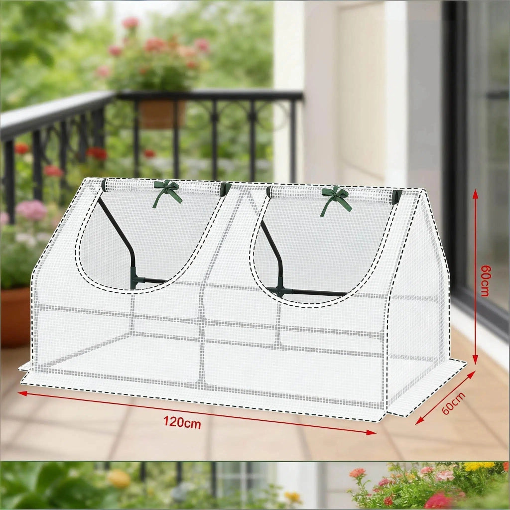 Serra da balcone con telo in PE 140 g/m² e struttura in acciaio verde con 2 finestre avvolgibili 120 × 60 × 60 cm