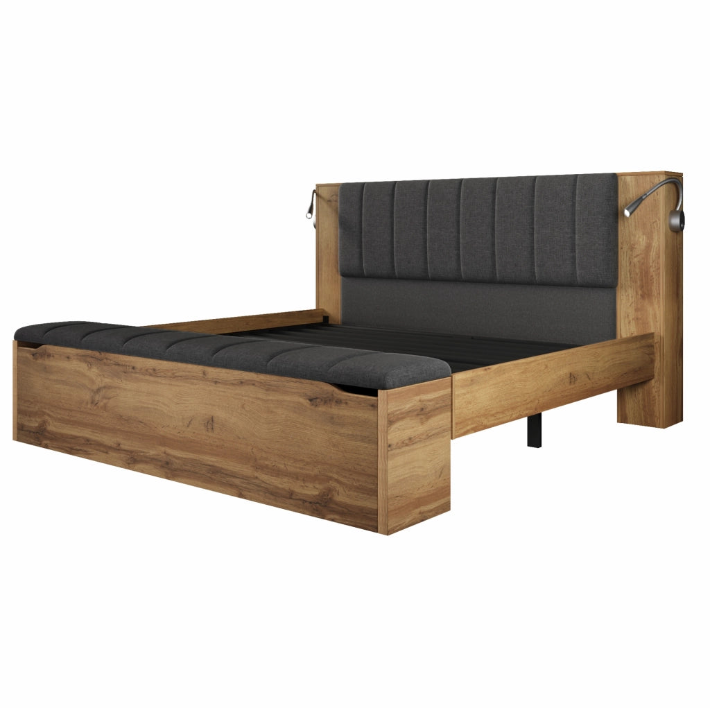 Letto matrimoniale 160x200 cm con comodini; panca contenitore e lampade USB effetto rovere HOMVRA
