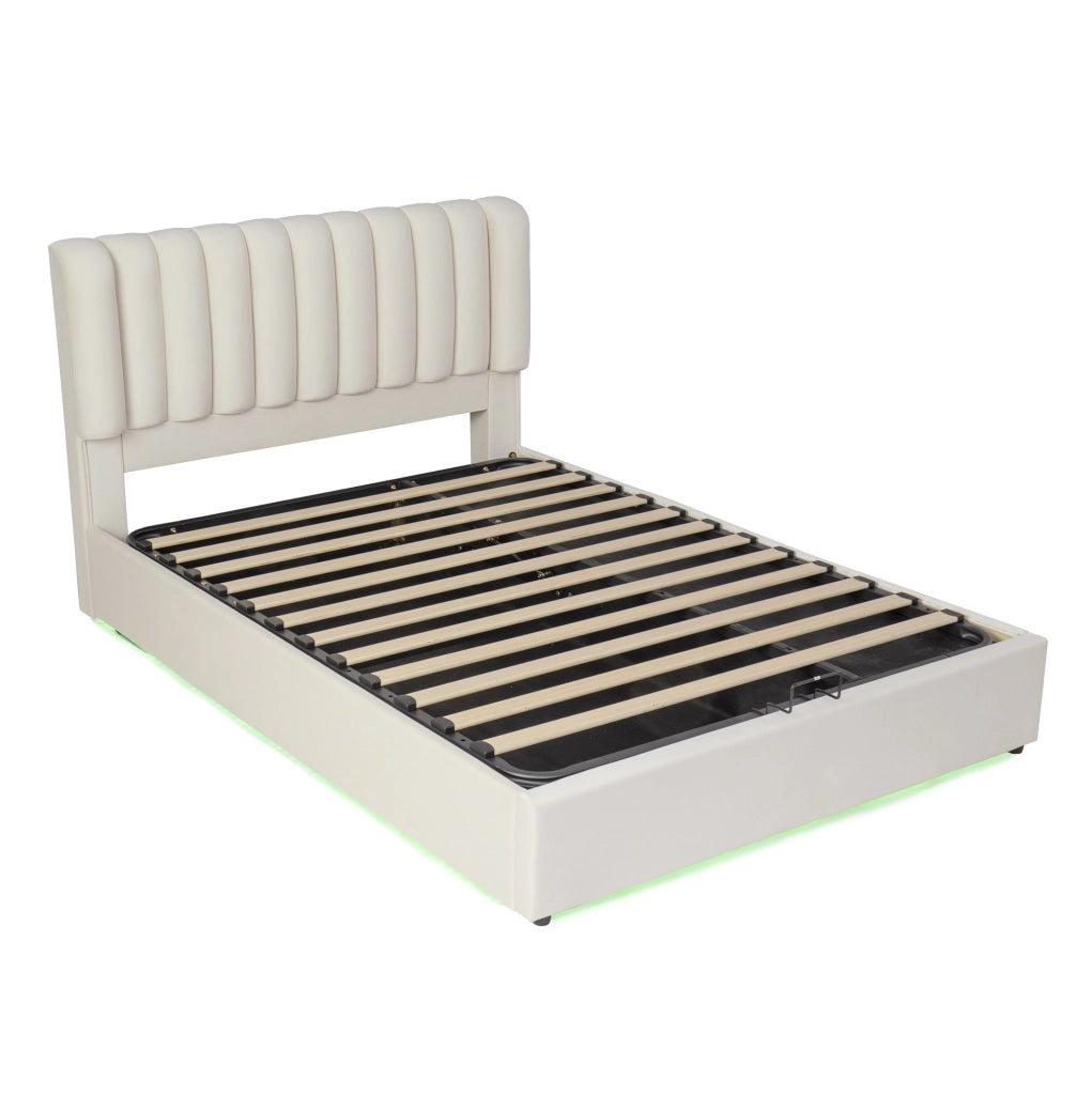 Letto contenitore imbottito 140x200 cm con 3 cassetti e LED; velluto beige