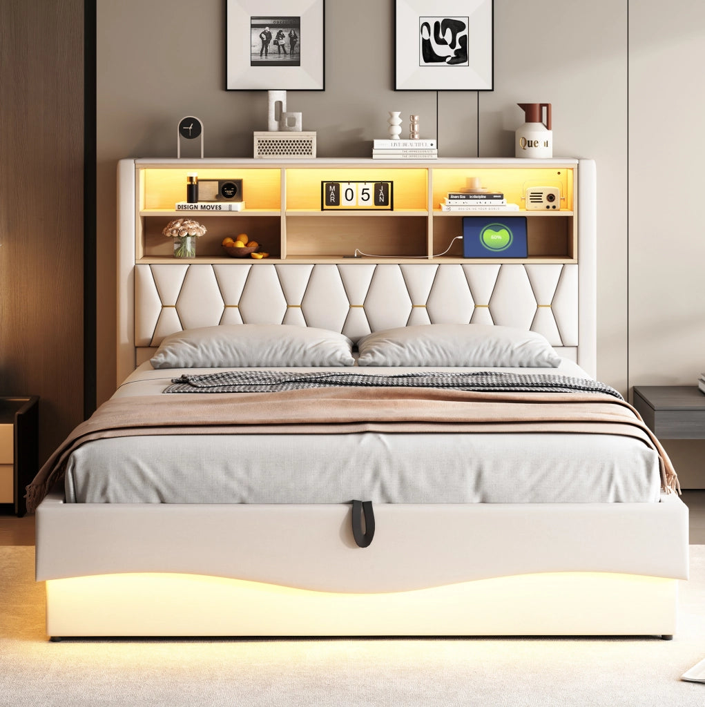 Letto contenitore 180x200 cm in lino e metallo beige con LED e USB, senza materasso
