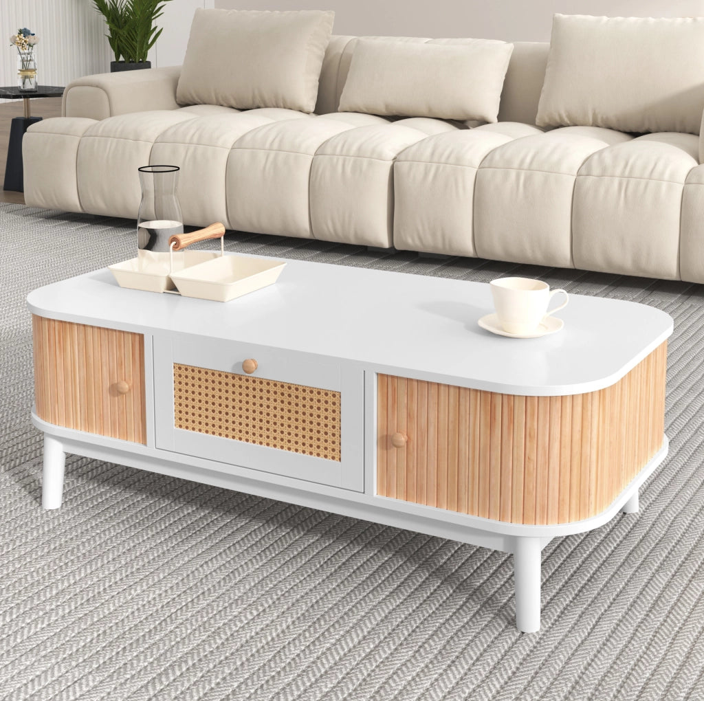 Tavolino da caffè in rattan con ante in legno massello, 110x55x38,5 cm, bianco e legno naturale